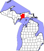 Map of Michigan showing Schoolcraft County - Click on map for a greater detail.