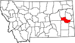 Map of Montana showing Prairie County - Click on map for a greater detail.