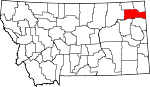 Map of Montana showing Roosevelt County - Click on map for a greater detail.