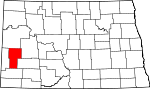 Map of North Dakota showing Billings County - Click on map for a greater detail.